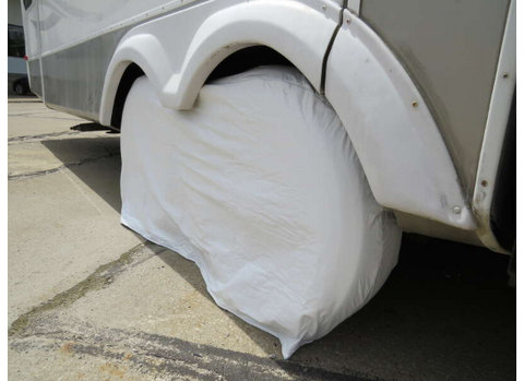 White ADCO Tyre Gard on Single RV Tire with UV Protection - Angle View | United RV Parts