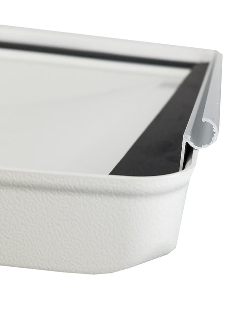 Hengs Escape Hatch Lid 90088-C1 Curl Style Hinge and Frame Corner - Close-Up Detail | United RV Parts