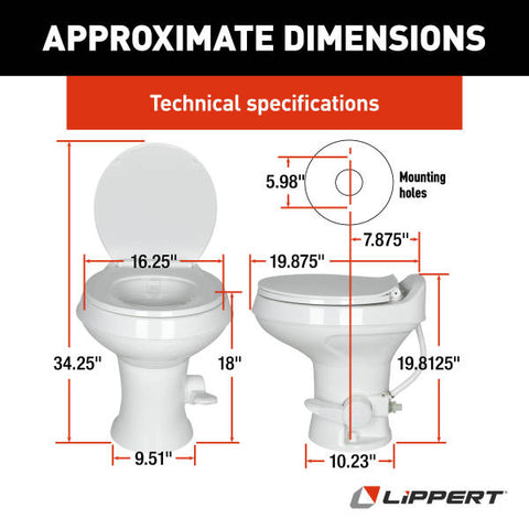 Lippert Flow Max RV Toilet Dimensions Technical Specifications Chart | United RV Parts