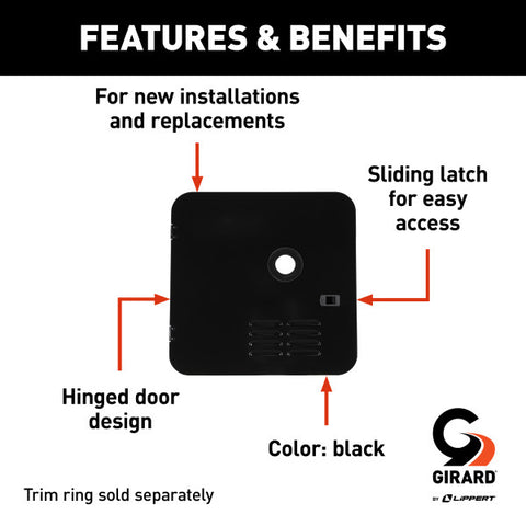 Black Girard Water Heater Door Features - Hinged Design with Sliding Latch | United RV Parts