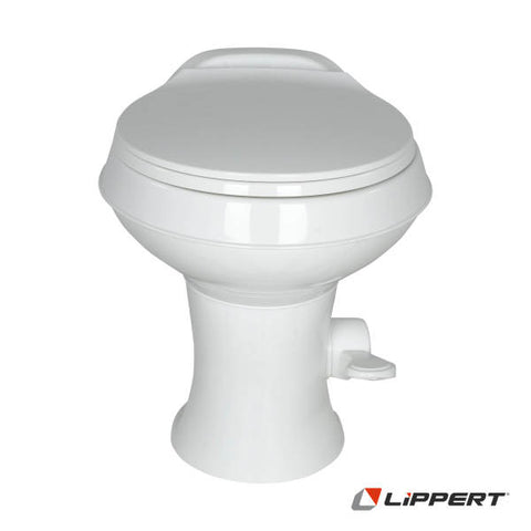 White Lippert Flow Max RV Toilet - Front View with Logo | United RV Parts