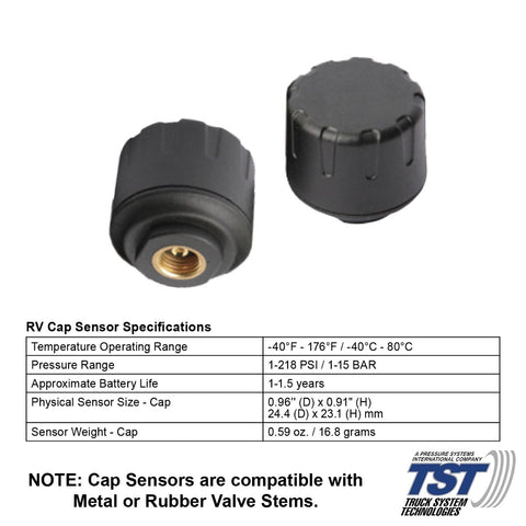 Black TST Cap Sensors with Technical Specifications Chart | United RV Parts