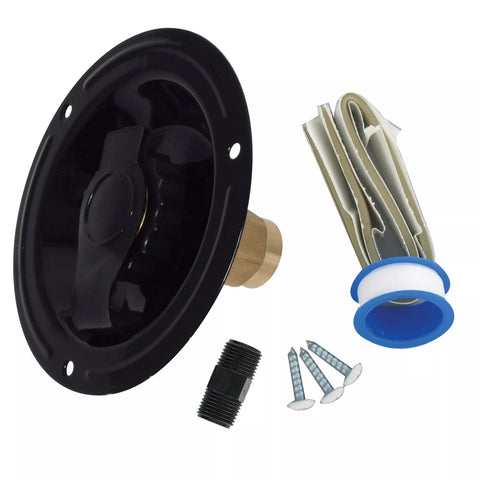 Black Valterra Recessed City Water Inlet FPT with Brass Fitting, Hardware & Tape - Full Kit View | United RV Parts