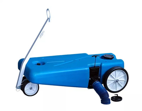 Blue Barker 4 Wheeler Tote-Along 16 Gallon RV Waste Tank - Side View with Hose | United RV Parts