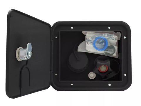 Black Plastic RV Water Inlet Hatch Open Showing Hardware - A01-2004BKVP | United RV Parts