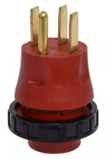 Red PVC Valterra 50 Amp to 30 Amp RV Adapter Plug - Front View, Gold Prongs | United RV Parts